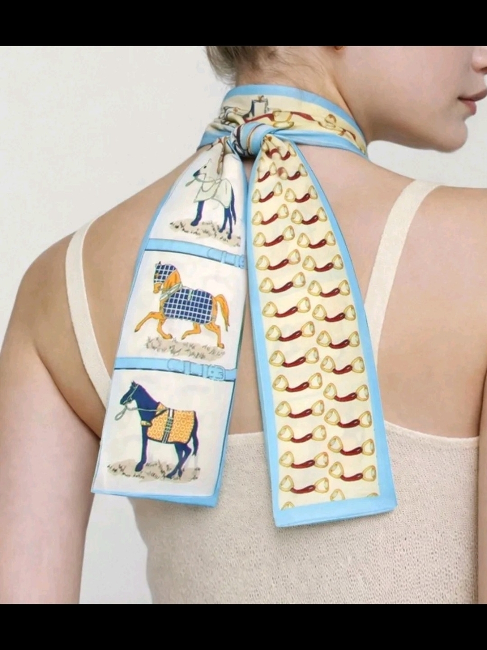 Silky Horse Print Neck Scarf in Light Blue